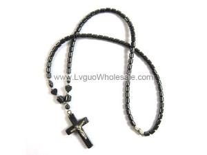 18inch Hematite Cross Pendant with Silver Jesus Stone Strands Necklace